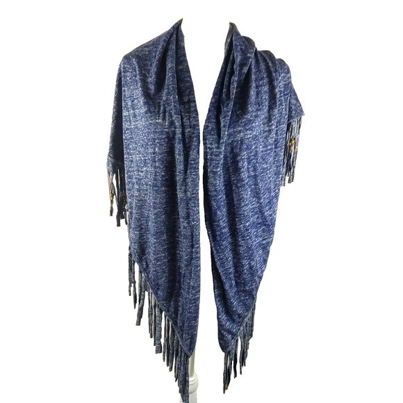 Triangle Scarf Beaded Fringe Blue Gray Cotton Material 64" X 26 Shawl Type - Picture 7 of 7